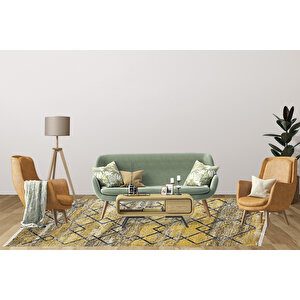 Modern Sarı Geomerik Dijital Baskı Hipoalerjenik Kaymaz Taban Halı Yolluk Ha145