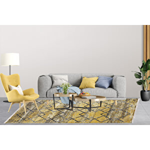 Modern Sarı Geomerik Dijital Baskı Hipoalerjenik Kaymaz Taban Halı Yolluk Ha145