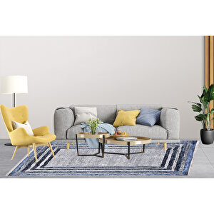 Modern Gri Lacivert Çerçeve Dijital Baskı Hipoalerjenik Kaymaz Taban Halı Yolluk Ha204