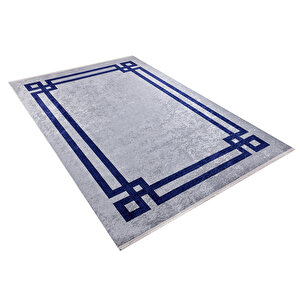 Modern Gri Lacivert Çerçeveli Dijital Baskı Hipoalerjenik Kaymaz Taban Halı Yolluk Ha097 100x150 cm
