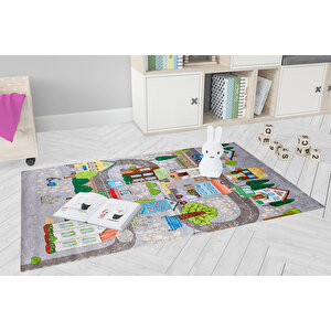 Çocuk Halısı Ve Bebek Halısı Yıkanabilir Kaymaz Taban Araba Figürlü Gri Dijital Baskı Halı Hc030