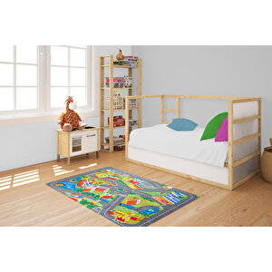 Çocuk Halısı Ve Bebek Halısı Yıkanabilir Kaymaz Taban Figürlü Gri Renkli Dijital Baskı Halı Hc040