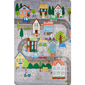 Çocuk Halısı Ve Bebek Halısı Yıkanabilir Kaymaz Taban Araba Figürlü Gri Dijital Baskı Halı Hc030 80x300 cm