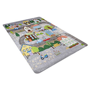 Çocuk Halısı Ve Bebek Halısı Yıkanabilir Kaymaz Taban Araba Figürlü Gri Dijital Baskı Halı Hc030 80x300 cm