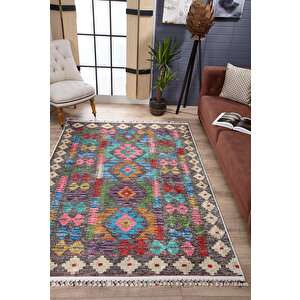 Klasik Kahve Renkli Salon&oturma Odası Yolluk&yatak Odası Dijital Baskılı Makinede Yıkanabilir Kaymaz Taban Saçaklı Halı Hk060 120x180 cm