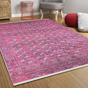 Klasik Pembe Salon&yolluk Dijital Baskılı Makinede Yıkanabilir Kaymaz Taban Saçaklı Halı Hk203 180x280 cm