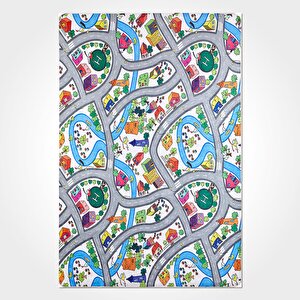 Çocuk Halısı Ve Bebek Halısı Yıkanabilir Kaymaz Taban Yol Temalı Mavi Renkli Dijital Baskı Halı hc004 80x400 cm
