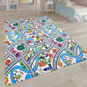 Çocuk Halısı Ve Bebek Halısı Yıkanabilir Kaymaz Taban Yol Temalı Mavi Renkli Dijital Baskı Halı hc004 80x400 cm
