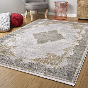 Klasik Yeşil Bej Salon&yolluk Dijital Baskılı Makinede Yıkanabilir Kaymaz Taban Saçaklı Halı Hk041 100x150 cm