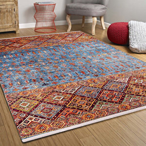Klasik Mavi Turucu Salon&yolluk Dijital Baskılı Makinede Yıkanabilir Kaymaz Taban Saçaklı Halı Hk100 80x200 cm