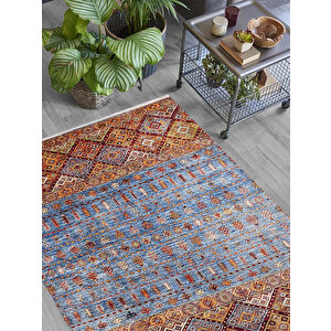 Klasik Mavi Turucu Salon&yolluk Dijital Baskılı Makinede Yıkanabilir Kaymaz Taban Saçaklı Halı Hk100