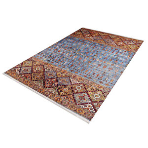 Klasik Mavi Turucu Salon&yolluk Dijital Baskılı Makinede Yıkanabilir Kaymaz Taban Saçaklı Halı Hk100