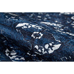 Klasik Lacivert Salon&yolluk Dijital Baskılı Makinede Yıkanabilir Kaymaz Taban Saçaklı Halı Hk202