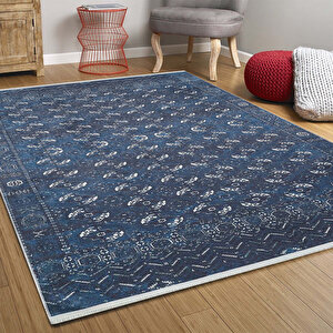 Klasik Lacivert Salon&yolluk Dijital Baskılı Makinede Yıkanabilir Kaymaz Taban Saçaklı Halı Hk202 240x280 cm