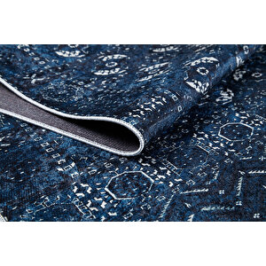 Klasik Lacivert Salon&yolluk Dijital Baskılı Makinede Yıkanabilir Kaymaz Taban Saçaklı Halı Hk202 80x200 cm