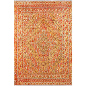 Klasik Turuncu Salon&yolluk Dijital Baskılı Makinede Yıkanabilir Kaymaz Taban Saçaklı Halı Hk119 100x150 cm