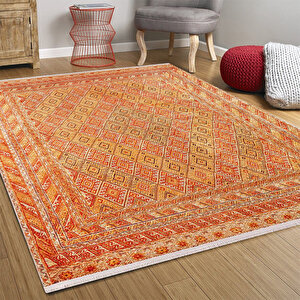 Klasik Turuncu Salon&yolluk Dijital Baskılı Makinede Yıkanabilir Kaymaz Taban Saçaklı Halı Hk119 100x200 cm