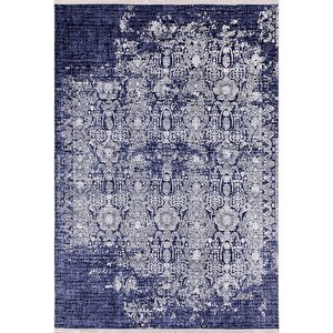 Klasik Lacivert Salon&yolluk Dijital Baskılı Makinede Yıkanabilir Kaymaz Taban Saçaklı Halı Hk051 80x400 cm