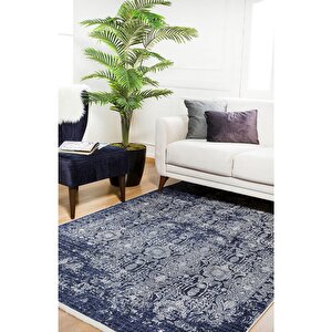 Klasik Lacivert Salon&yolluk Dijital Baskılı Makinede Yıkanabilir Kaymaz Taban Saçaklı Halı Hk051