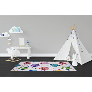 Çocuk Halısı Ve Bebek Halısı Yıkanabilir Kaymaz Taban baykuş Figürlü Gri Renkli Dijital Baskı Halı Hc003 80x200 cm