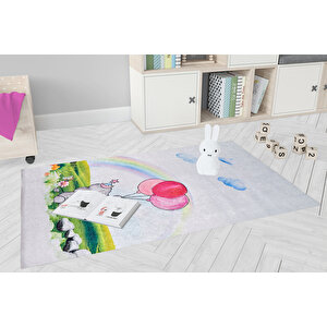 Çocuk Halısı Ve Bebek Halısı Yıkanabilir Kaymaz Taban Fil Figür Gri Renkli Dijital Baskı Halı hc007 100x150 cm