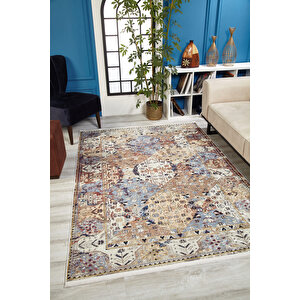 Klasik Krem Bej Salon&yolluk Dijital Baskılı Makinede Yıkanabilir Kaymaz Taban Saçaklı Halı Hk153 160x300 cm