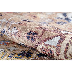 Klasik Krem Bej Salon&yolluk Dijital Baskılı Makinede Yıkanabilir Kaymaz Taban Saçaklı Halı Hk153