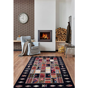 Klasik Siyah Salon&yolluk Dijital Baskılı Makinede Yıkanabilir Kaymaz Taban Saçaklı Halı Hk098 160x300 cm