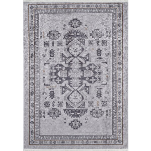 Klasik Gri Salon&yolluk Dijital Baskılı Makinede Yıkanabilir Kaymaz Taban Saçaklı Halı Hk179 80x300 cm