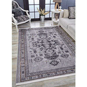 Klasik Gri Salon&yolluk Dijital Baskılı Makinede Yıkanabilir Kaymaz Taban Saçaklı Halı Hk179 80x300 cm