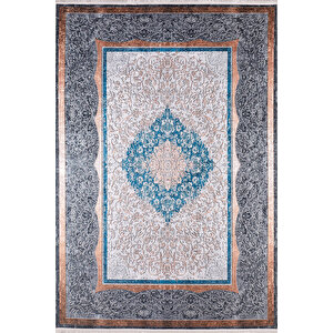 Klasik Antrasit Salon&yolluk Dijital Baskılı Makinede Yıkanabilir Kaymaz Taban Saçaklı Halı Hk121 120x180 cm