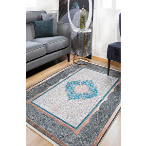 Klasik Antrasit Salon&yolluk Dijital Baskılı Makinede Yıkanabilir Kaymaz Taban Saçaklı Halı Hk121 120x180 cm