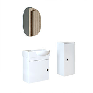 Roomart Punto Ayaksız Tek Kapaklı Sol Lavabolu 46 Cm Banyo Alt Dolabı + Üst Ayna + Boy Dolabı