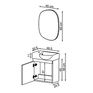 Punto Ayaksız Tek Kapaklı Sol Lavabolu 46 Cm Banyo Alt Dolabı + Üst Ayna