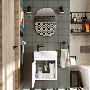 Roomart Punto Ayaksız Tek Kapaklı Sol Lavabolu 46 Cm Banyo Alt Dolabı + Üst Ayna