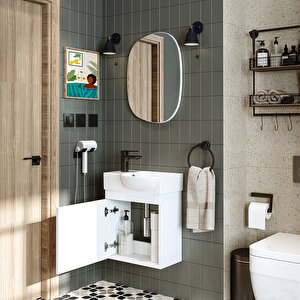 Roomart Punto Ayaksız Tek Kapaklı Sol Lavabolu 46 Cm Banyo Alt Dolabı + Üst Ayna