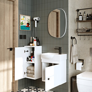 Roomart  Ayaksız Tek Kapaklı Sağ Lavabolu 46 Cm Banyo Alt Dolabı + Üst Ayna + Boy Dolabı