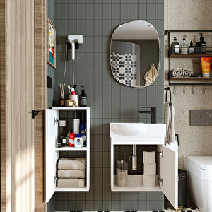 Roomart  Ayaksız Tek Kapaklı Sağ Lavabolu 46 Cm Banyo Alt Dolabı + Üst Ayna + Boy Dolabı