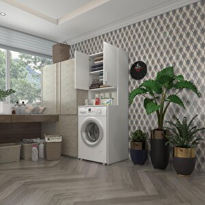 Kenzlife Çamaşır Makinesi Dolabı Raisa Beyaz 180x066x60 Banyo Ofis Kapaklı Arkalıklı