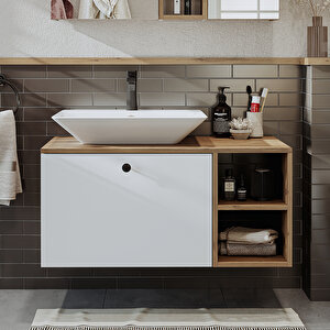 Ayaksız Lavabolu Mdf 95 Cm Çekmeceli Banyo Dolabı Atlantik Çam - Beyaz