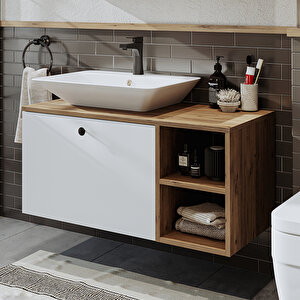 Ayaksız Lavabolu Mdf 95 Cm Çekmeceli Banyo Dolabı Atlantik Çam - Beyaz