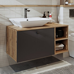 Ayaksız Lavabolu Mdf 95 Cm Çekmeceli Banyo Dolabı Atlantik Çam Antrasit