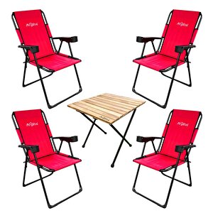 Argeus Rest 4'lü Bardaklı Katlanabilir Sandalye Ve Masa Seti - Kırmızı