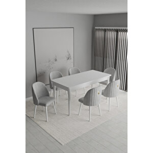Rose Serisi 6 Adet Babyface Kumaş Beyaz Ahşap Ayaklı Sandalye Ve 80x130 Açılabilir Beyaz Masa Takımı