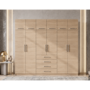 Biray 12 Kapaklı Gardırop Dolap Meşe 208 Cm Montaj Dahil