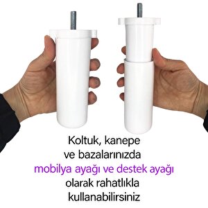 Ayarlı Destek Ayağı 13 X 19 Cm Beyaz Gizli Mobilya Kanepe Baza Koltuk Ünite Ayakları Metrik 8 Civatalı İnce Diş