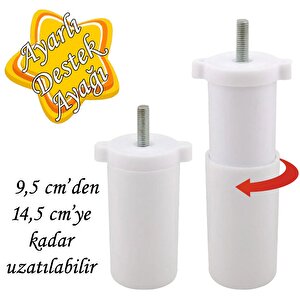 Ayarlı Destek Ayağı 9.5 X 14.5 Cm Beyaz Gizli Mobilya Kanepe Baza Koltuk Ünite Ayakları Metrik 8 Civatalı İnce Diş