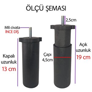 Ayarlı Destek Ayağı 13 X 19 Cm Siyah Gizli Mobilya Kanepe Baza Koltuk Ünite Ayakları Metrik 8 Civatalı İnce Diş