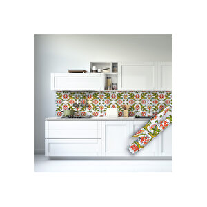 Osmanlı Çini Motifli Yapışkanlı Folyo, Yeşil Sarı Desenli Tezgah Arası Mofilya Kaplama Folyosu 0708 45x1500 cm 