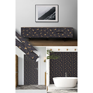 Antrasit Üzeri Gold Kelebekli Yapışkan Folyo, Dekoratif Su Geçirmez Kaplama Kağıdı 1304 45x1500 cm 